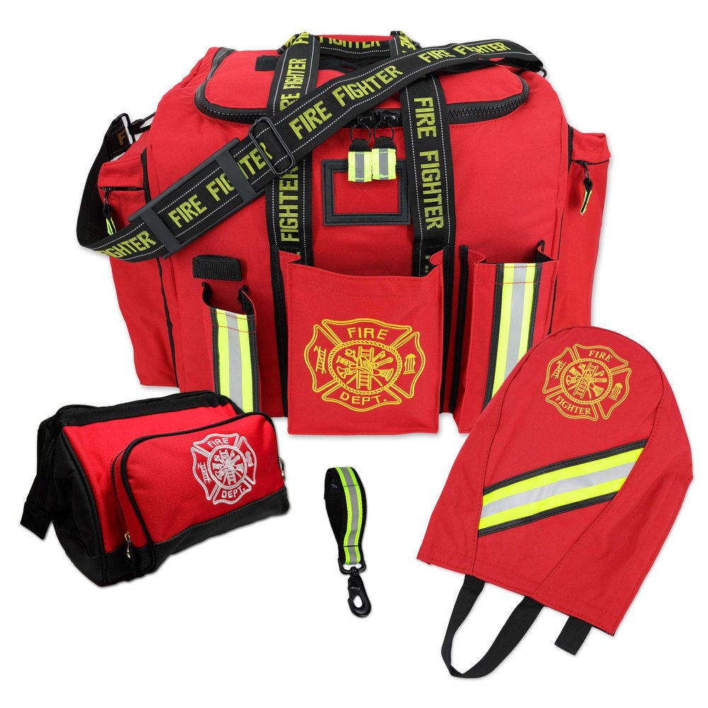 Lightning X LXFB20-PKG Firefighter Turnout Gear Bag Package with SCBA Mask Bag Toiletry Pouch Glove Holder Padded Step-in Design Reflective Trim Heavy-Duty Waterproof Construction - RED
