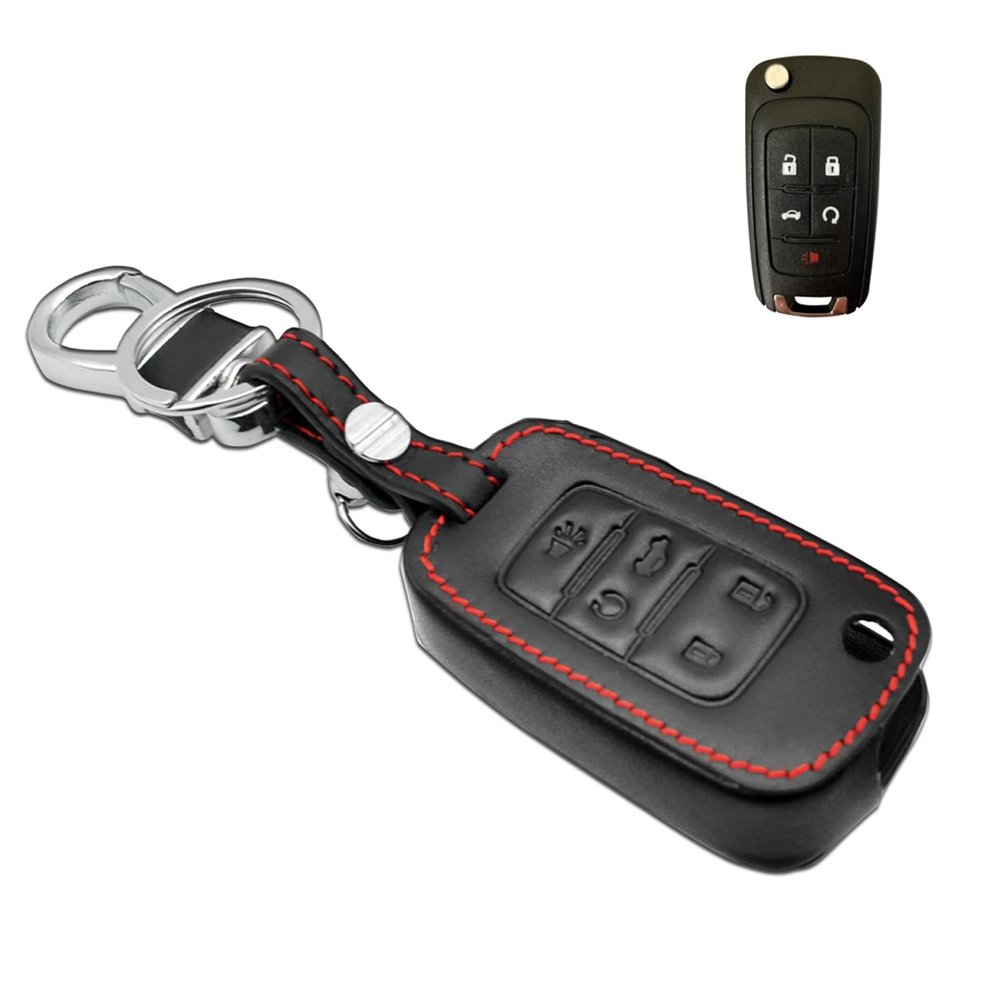 MECHCOS Compatible with Chevrolet Chevy Equinox Cruze Malibu Sonic Camaro Impala SS Buick Encore Lacrosse Regal Verano GMC Terrain Key Fob Cover Case Chain Black Leather Remote Holder