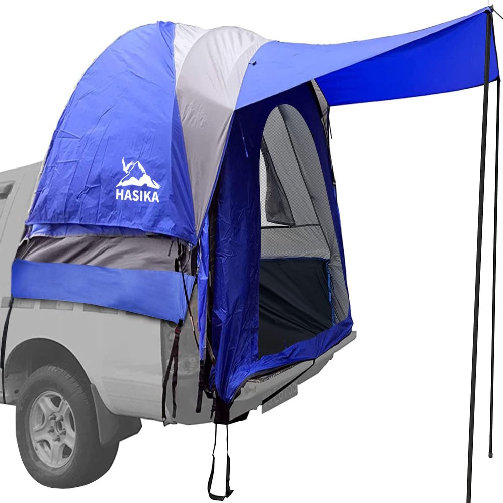 Hasika Double Layer Pickup Truck Bed Tent with Awning, PU3000mm Waterproof Camping Shelter, Fits 5 to 5.5 ft Short Bed, Blue/Grey