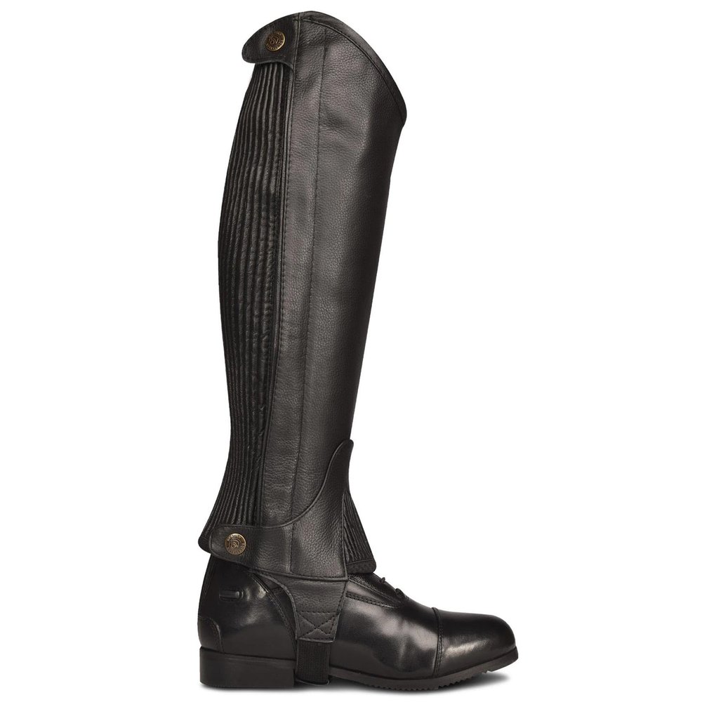 Ovation Women's Pro Leather Half Chaps - Premium Top Grain Leather Black Riding Chaps with Stretch Panels and Snap Closures, Medium Tall