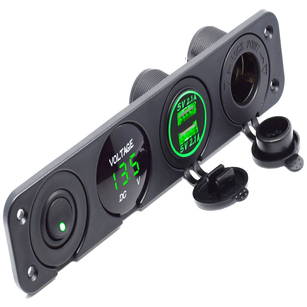 Cllena Dual USB Socket Charger 4.2A + 12V Power Outlet + LED Voltmeter + ON-Off Toggle Switch 4 in 1 Functions Panel for Car Marine Boat Rv ATV UTV Truck Camper (Green)