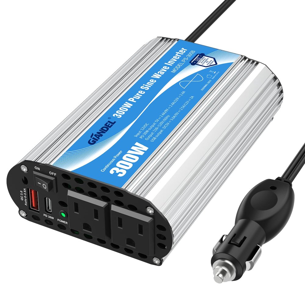 GIANDEL 300 Watt Pure Sine Wave with UL Approved Fuses 12V DC to 120V AC Car Power Inverter with USB-C PD 30W and QC3.0 USB for Starlink Tablets Laptops Smartphones