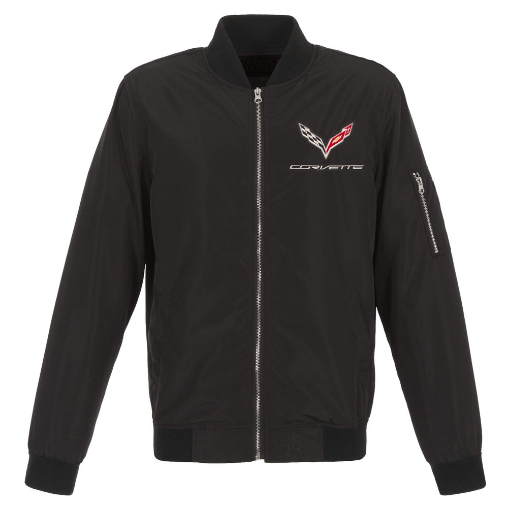 JH DESIGN GROUP Mens Chevy Corvette C7 Emblem Lightweight Zip-Up Nylon Jacket (X-Large, Black)
