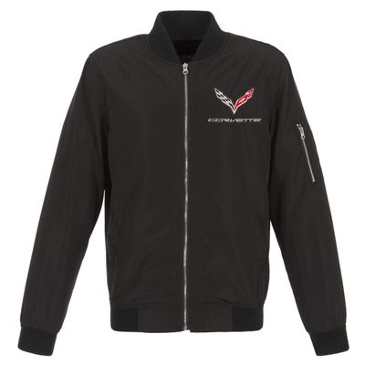 JH DESIGN GROUP Mens Chevy Corvette C7 Emblem Lightweight Zip-Up Nylon Jacket (Large, Black)