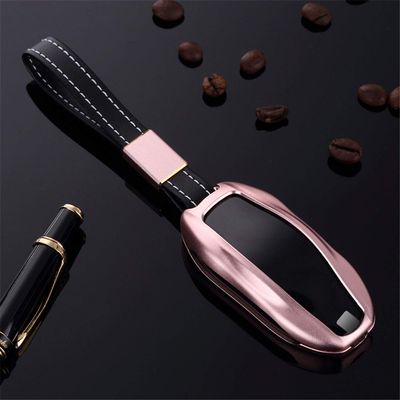 MissBlue New Car Key Fob Cover for Tesla Model S Model 3 Model Y Smart Remote Key, Aircraft Aluminum Car Key Case Cover Protector with Wrist Lanyard - Pink