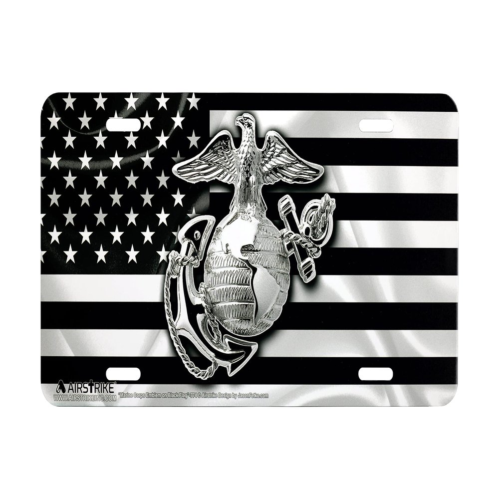 Marine Corps License Plate, USMC License Plate, Marine License Plate, USMC License Plates for Front of Car, USMC Black Flag License Plate, USMC Plate, Made in USA by Airstrike (Made of Metal)-774