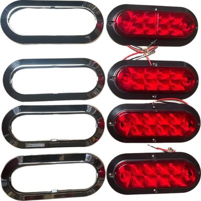 4pcs 6" Oval Chrome Bezel Trailer Truck Red 10 LED Surface flush Mount Stop Turn Tail Lights, Red Stop Brake Marker Tail LED Light, for Truck Trailer Trail Bus 12V DC