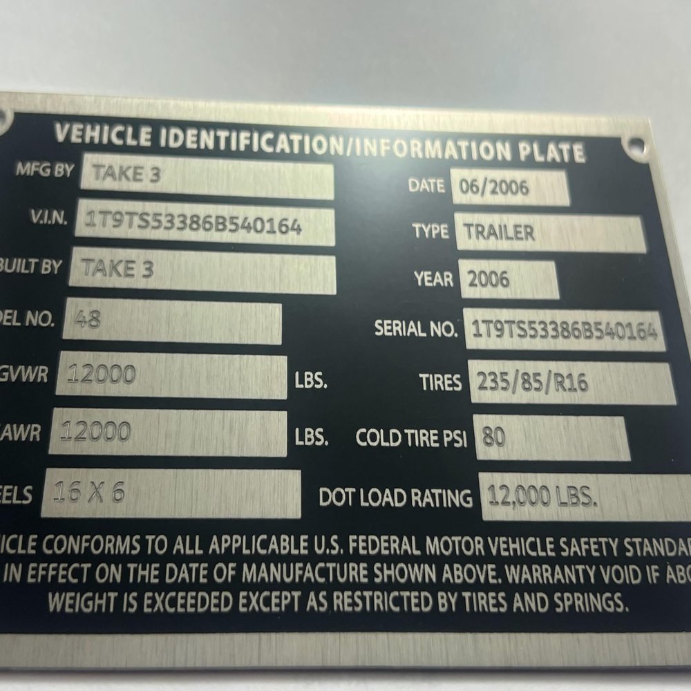 Decal USA Made in the USA NOT China! Personalized Universal Semi Freight Trailer ID Plate DOT Accepted Model VIN# Serial numberBUY American Quickly Shipped Includes 4 Fasteners. 5.25x3.25x.032