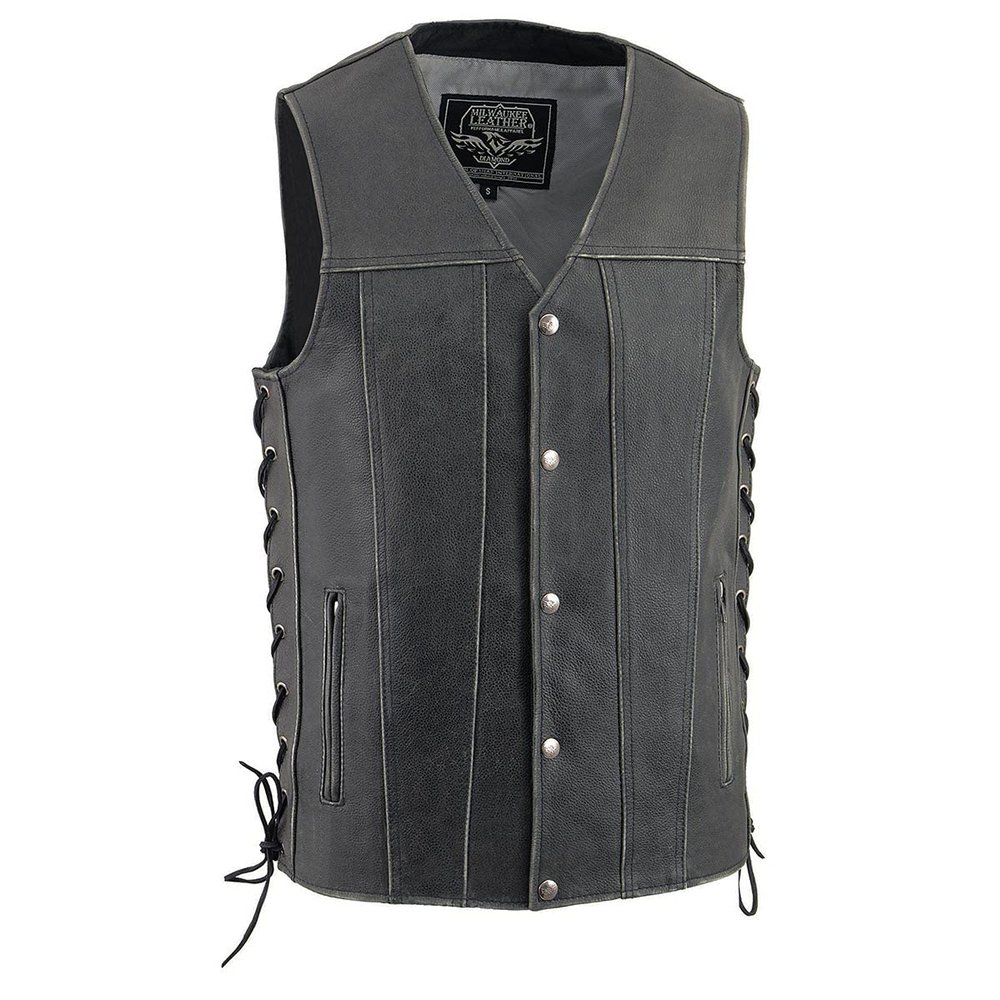 Milwaukee Leather MLM3521 Men's Distress Grey Leather Vest - V-Neck Straight Bottom Side Lace Motorcycle Rider Vest - 6X-Large