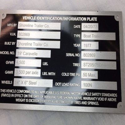 Decal USA Made and Sold in the USA! Semi Car Hauler Trailer ID Plate Serial Model VIN # Custom Engraved Message me with Your info
