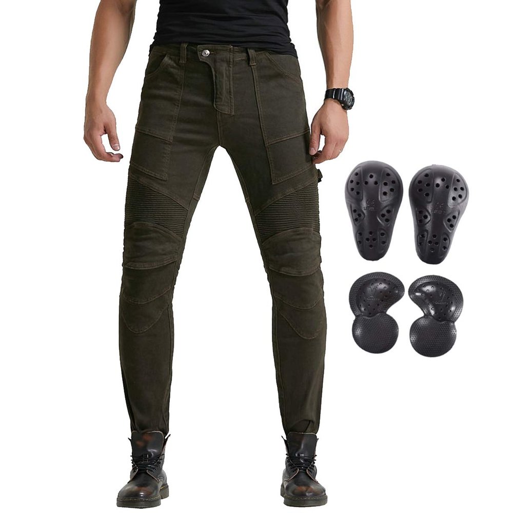 Takuey Men Motorcycle Riding Jeans Cycling Racing Pants with 4 X Knee Hip Protector Pads (M=30) Brown