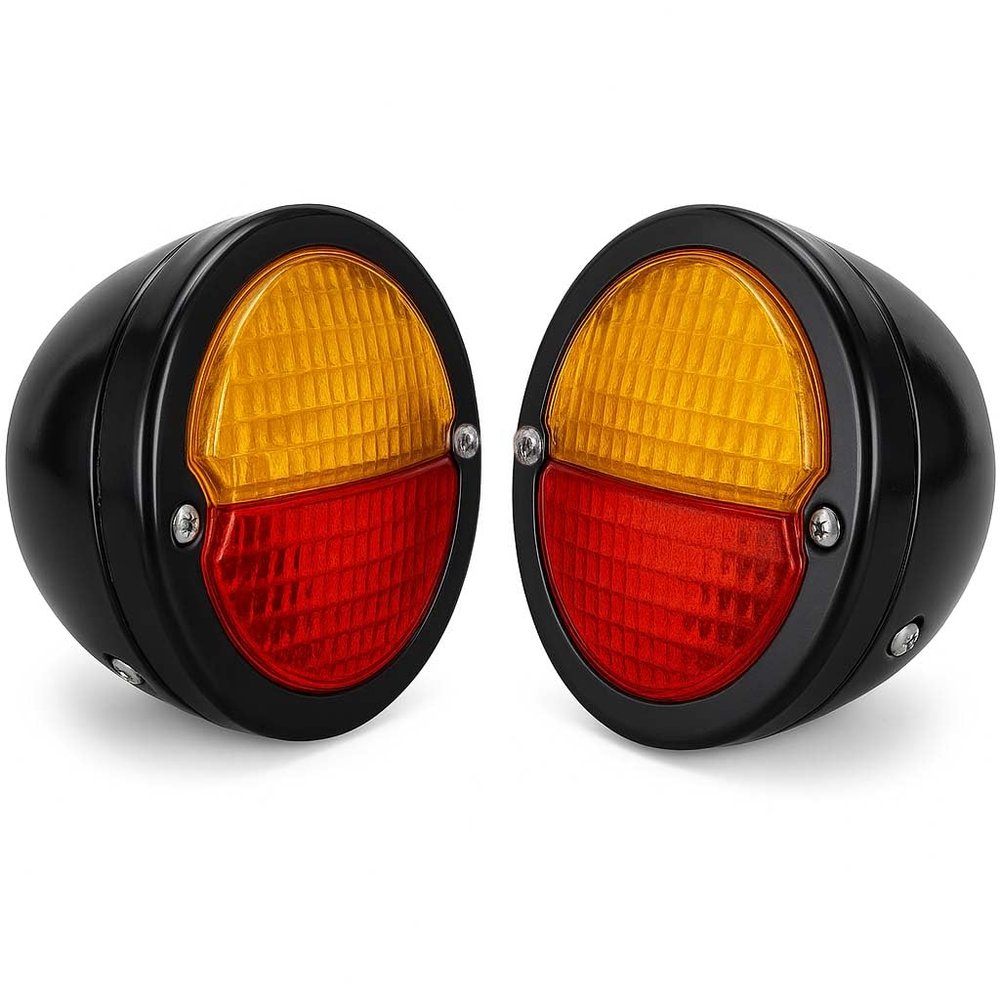 Bajato Vintage Hot Rod tail lights assembly 2X Tail Light Black Ring | Black Body | Red/Amber Lens with 12v Bulbs Fit for Jeep Willys & DODGE Trucks, Pickup Duolamp Tail Light